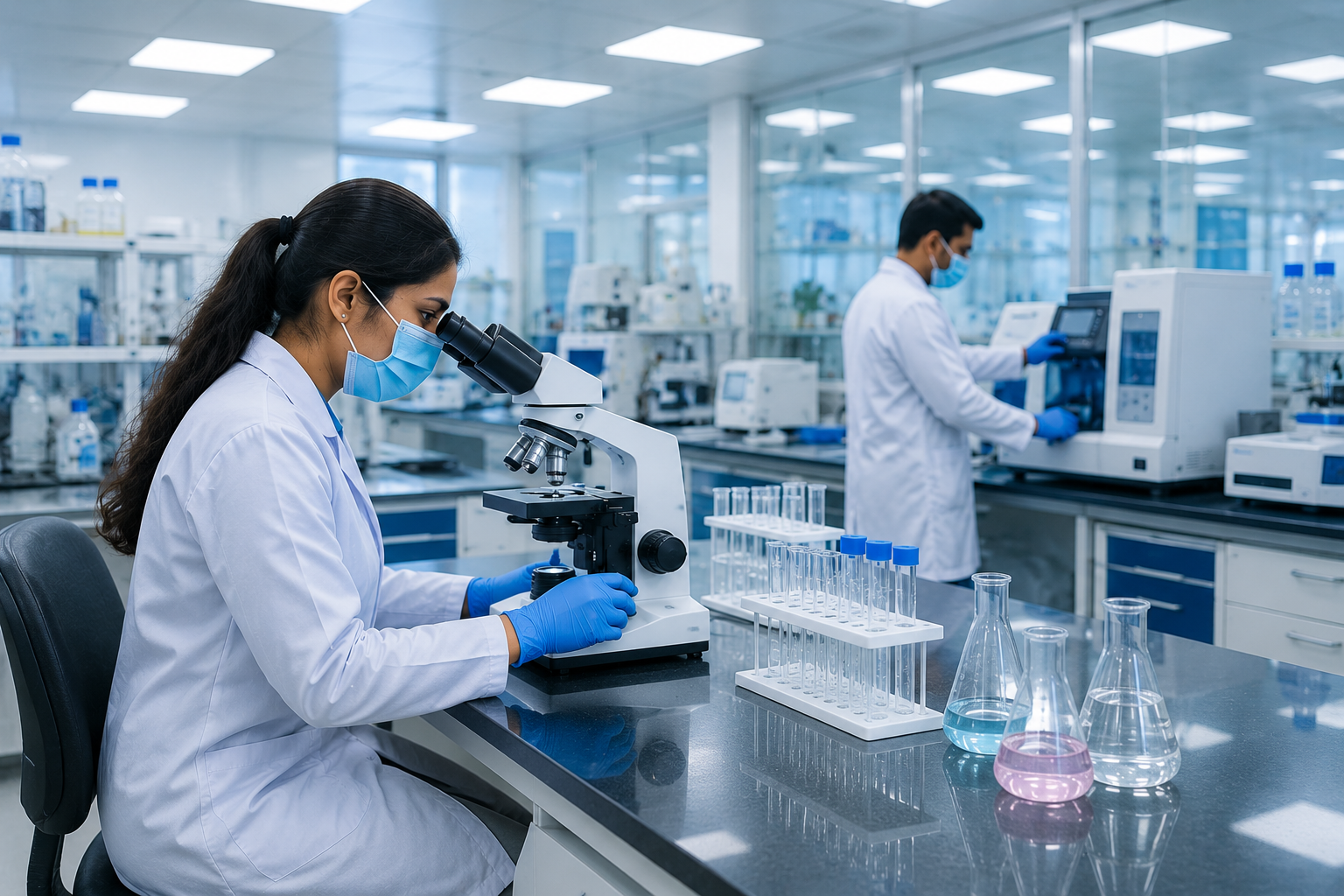 Scientist using a microscope in a modern laboratory